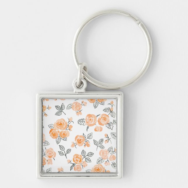 Peach watercolor roses pattern keychain (Front)