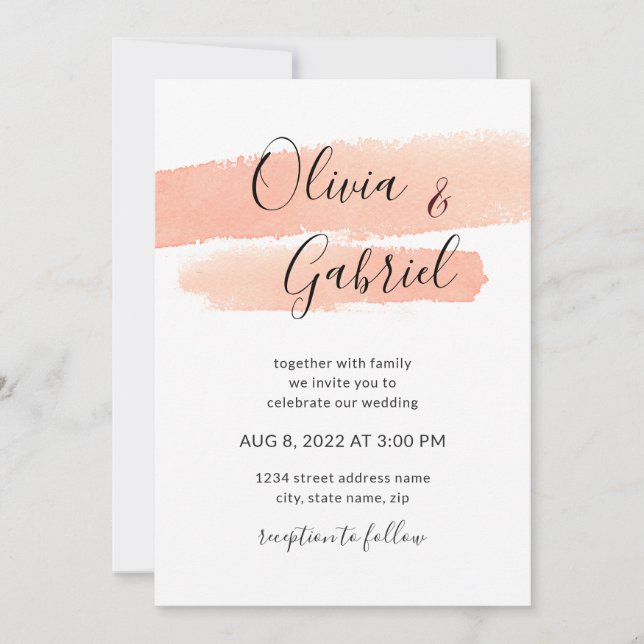 Peach watercolor. Simple modern wedding Invitation (Front)