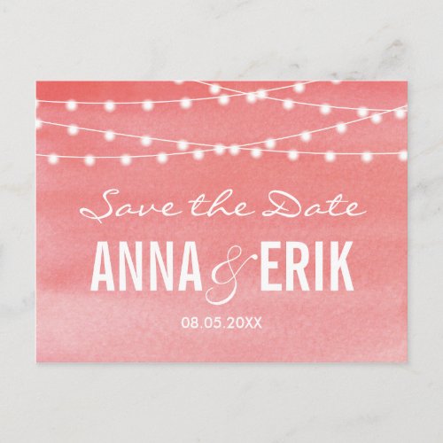 Peach Watercolor String Lights Save The Date Announcement Postcard