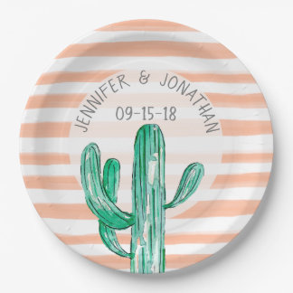 Peach Watercolor Stripes Cactus Southwest Wedding Paper Plates