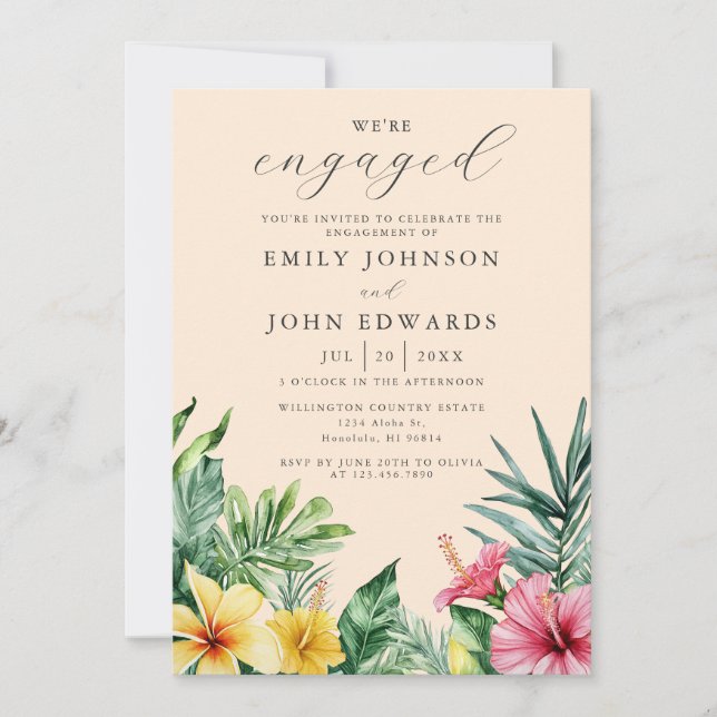 Peach Watercolor Tropical Floral Engagement Party Invitation (Front)