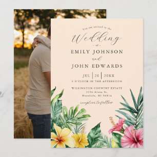 Peach Watercolor Tropical Floral Photo Wedding Invitation