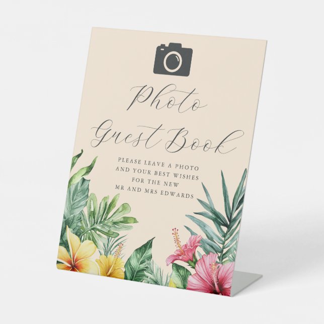 Peach Watercolor Tropical Photo Guest Book Wedding Pedestal Sign (Front)
