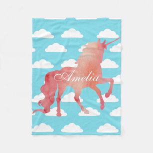 PEACH WATERCOLOR UNICORN WITH BLUE CLOUDS FLEECE BLANKET