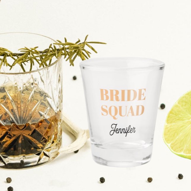 Peach Wedding Bride Squad Personalized Shot Glass (In Situ)
