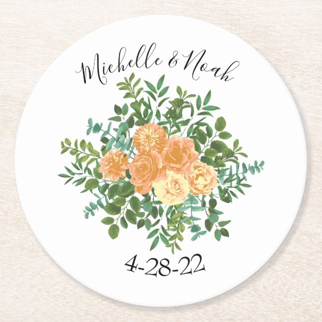 Peach Wedding Classic Floral Roses Round Paper Coaster (Front)