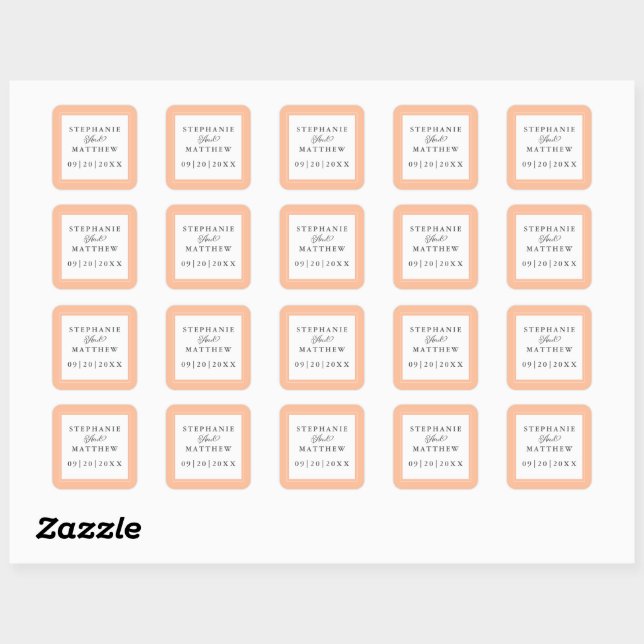 Peach Wedding Elegant Calligraphy Chic Favors Square Sticker (Sheet)