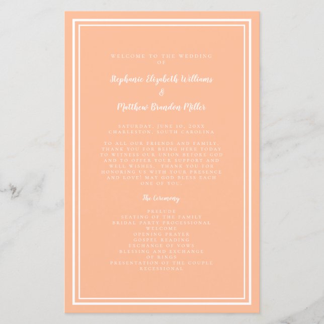 Peach Wedding Script Classic Chic Ceremony Program (Front)