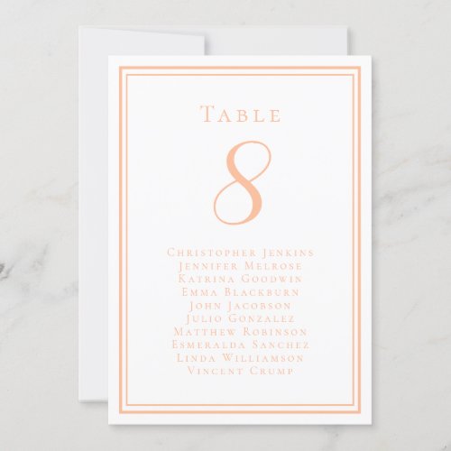 Peach Wedding Seating Guest List Table Number Card