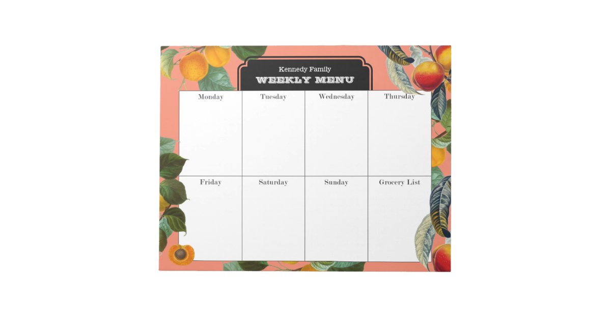 Peach Weekly Menu Meal Planner Notepad | Zazzle