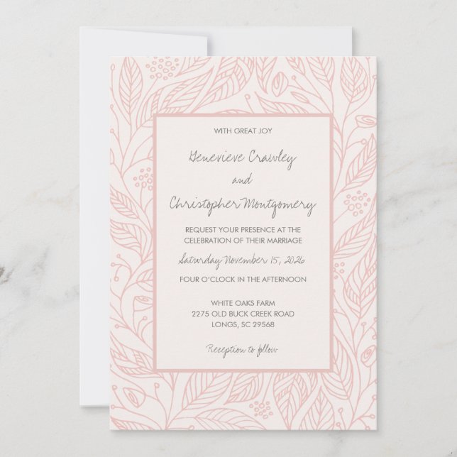 Peach Whimsy Hand Drawn Foliage Wedding  Invitation (Front)