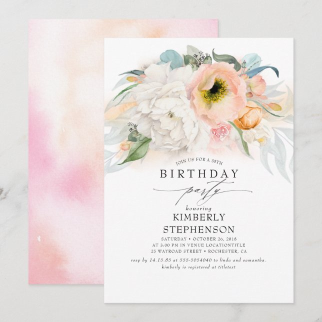 Peach White and Pink Floral Bohemian Birthday Invitation (Front/Back)