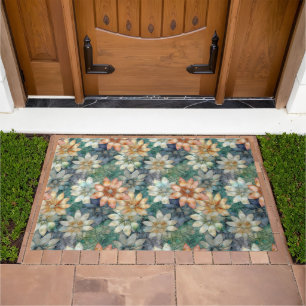 Peach White Blue Green Floral Doormat