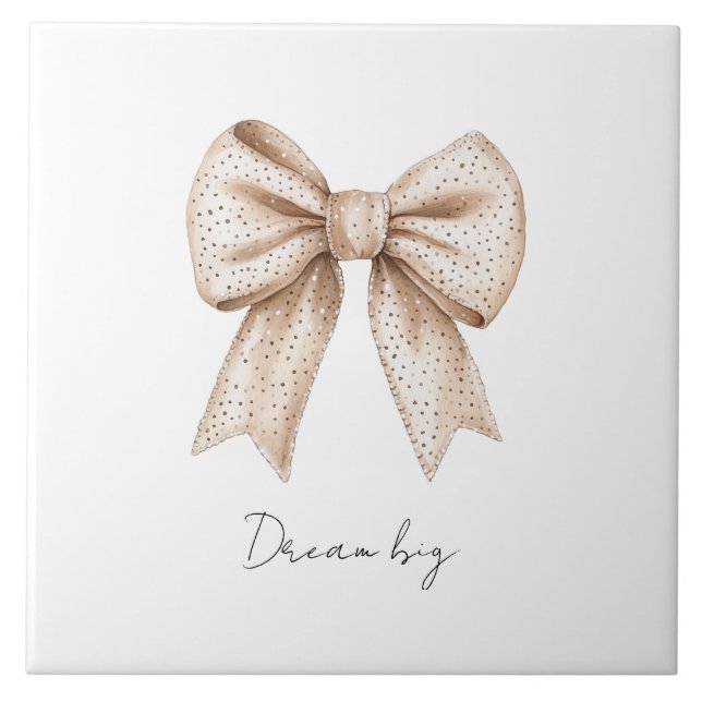 Peach White Bow Ceramic Tile (Front)