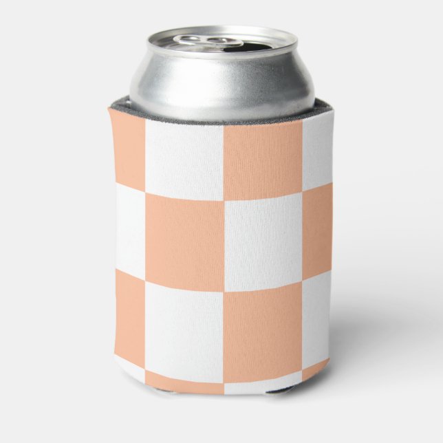 Peach White Checkerboard Retro Classic Checks  Can Cooler (Can Back)