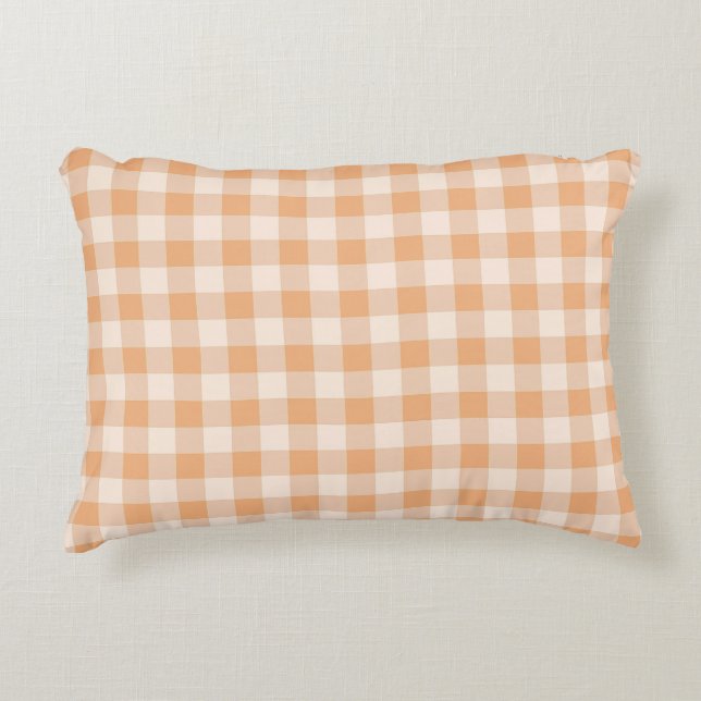 Peach White Checkered Gingham Pattern Accent Pillow (Front)