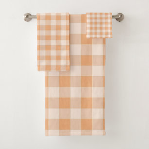 Peach White Checkered Gingham Pattern Bath Towel Set