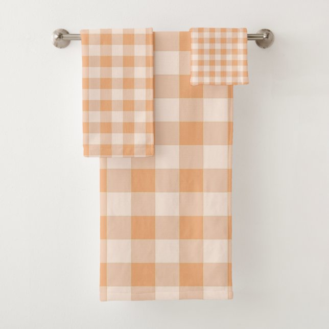 Peach White Checkered Gingham Pattern Bath Towel Set (Insitu)