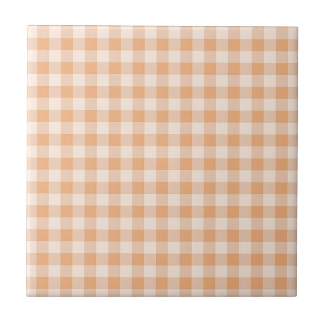 Peach White Checkered Gingham Pattern Ceramic Tile (Front)