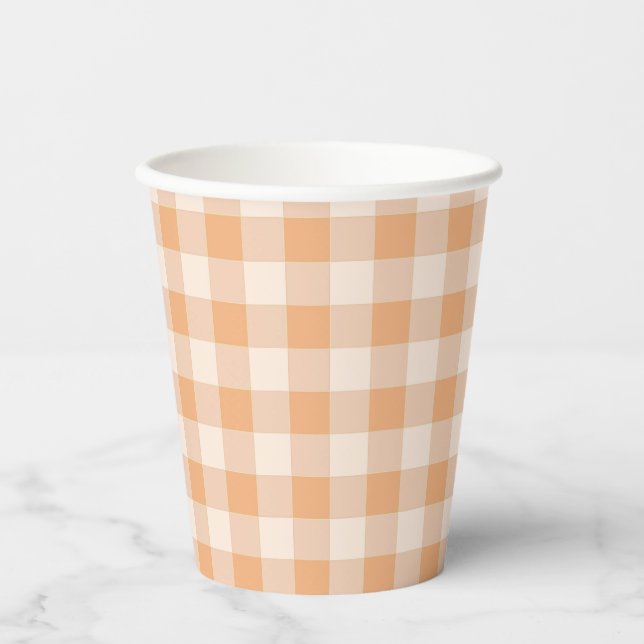 Peach White Checkered Gingham Pattern Paper Cups (Front)