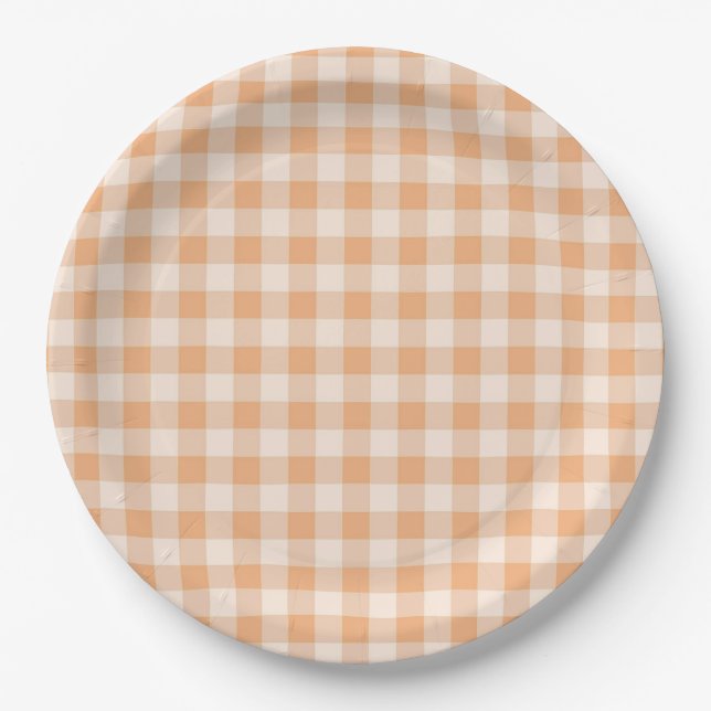 Peach White Checkered Gingham Pattern Paper Plates (Front)
