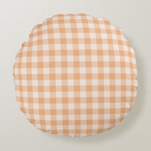 Peach White Checkered Gingham Pattern Round Pillow (Front)
