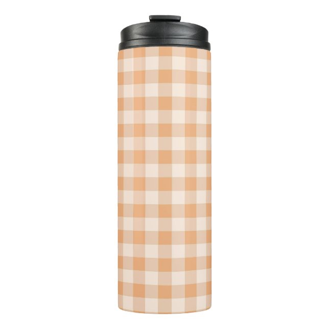 Peach White Checkered Gingham Pattern Thermal Tumbler (Front)