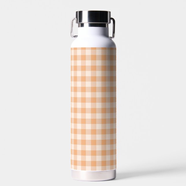 Peach White Checkered Gingham Pattern Water Bottle (Front)