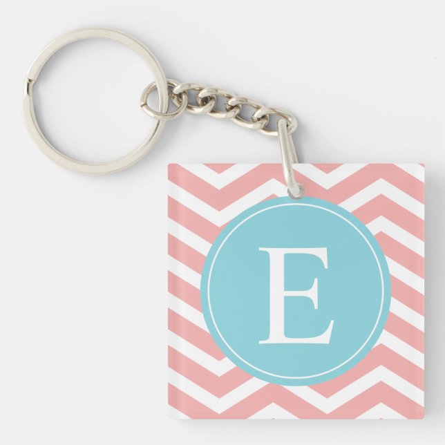 Peach White Chevron Blue Monogram Keychain (Front)