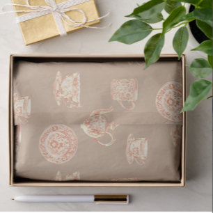 Peach White Chinoiserie Teapots Cups Plates Tissue Paper