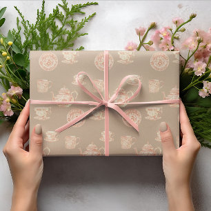  Peach White Chinoiserie Teapots Cups Plates  Wrapping Paper