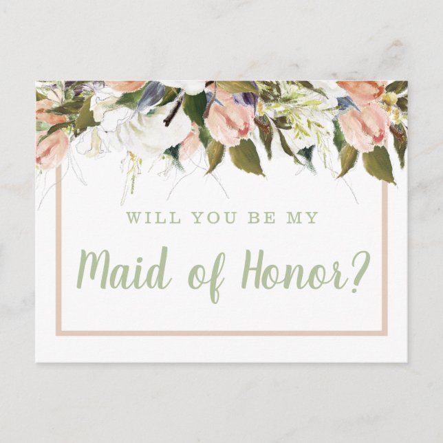 Peach White Country Floral Maid of Honor Proposal Postcard (Front)