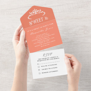 Peach White Cute Sweet 16 Tiara Sixteen Modern  All In One Invitation