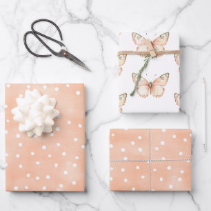 Peach White Dots Butterflies Birthday Wrapping Paper Sheets