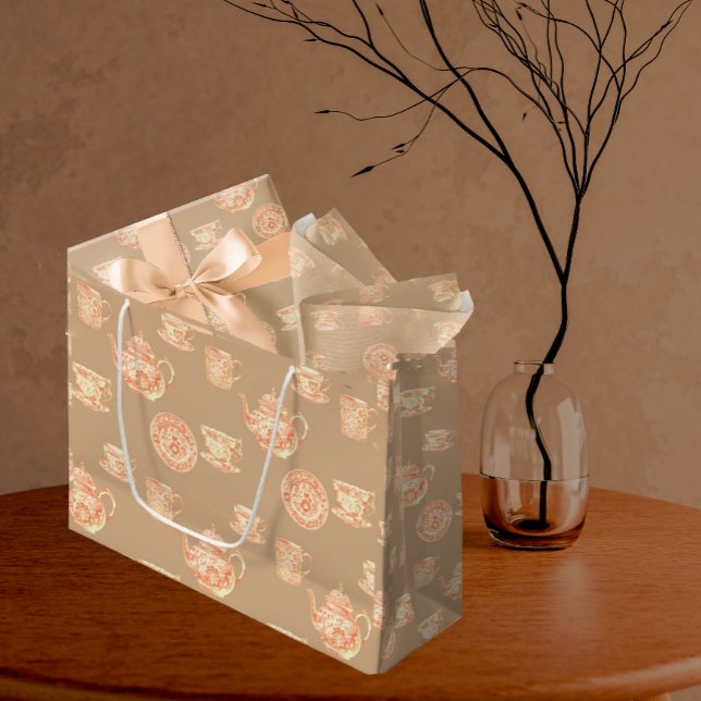  Peach White Ecru Chinoiserie Teapots Cups Large Gift Bag (Peach Chinoiserie on ecru background, simple elegance.)