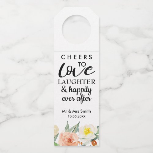 Peach  White Floral Cheers to Love Wedding Favor Bottle Hanger Tag