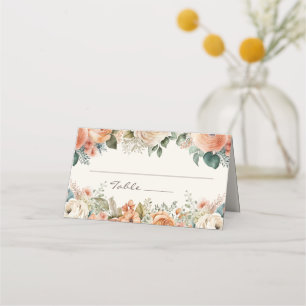 Peach White Floral Eucalyptus Monogram Wedding Place Card