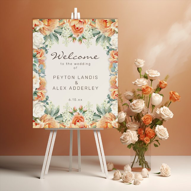 Peach White Floral Eucalyptus Wedding Welcome Foam Board (Peach and cream-colored watercolor floral wedding welcome foam core easel sign)
