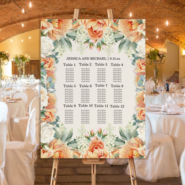 Peach White Floral Greenery Wedding Seating Chart Foam Board (Elegant peach and cream watercolor floral wedding seating chart)