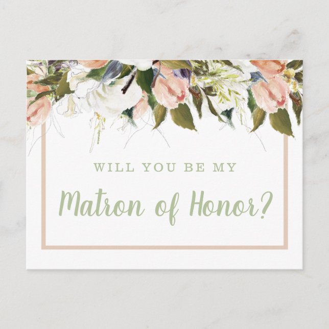 Peach & White Floral Matron of Honor Proposal Postcard (Front)