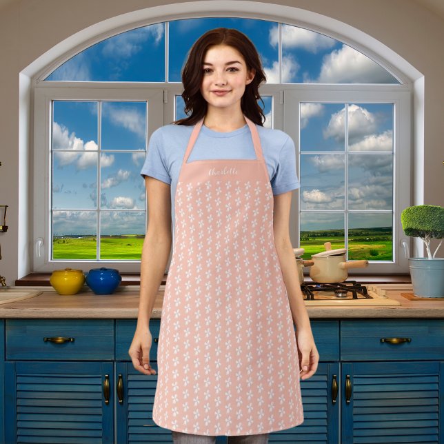 Peach white floral pattern name apron (Creator Uploaded)
