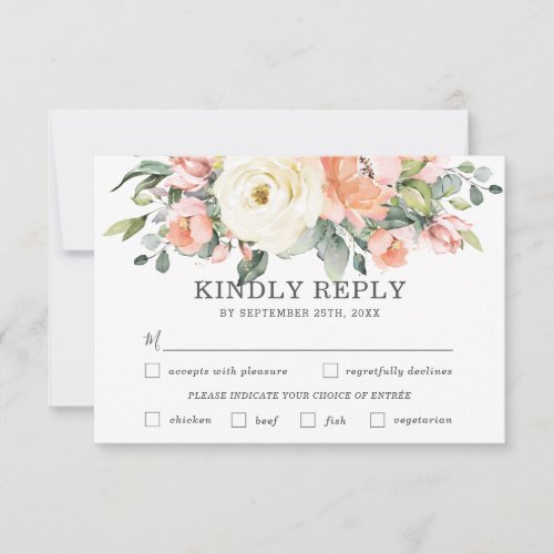 Peach White Floral Wedding Meal Choice RSVP Card
