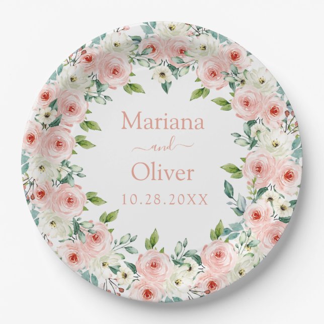 Peach White Floral Wedding Paper Plates (Front)