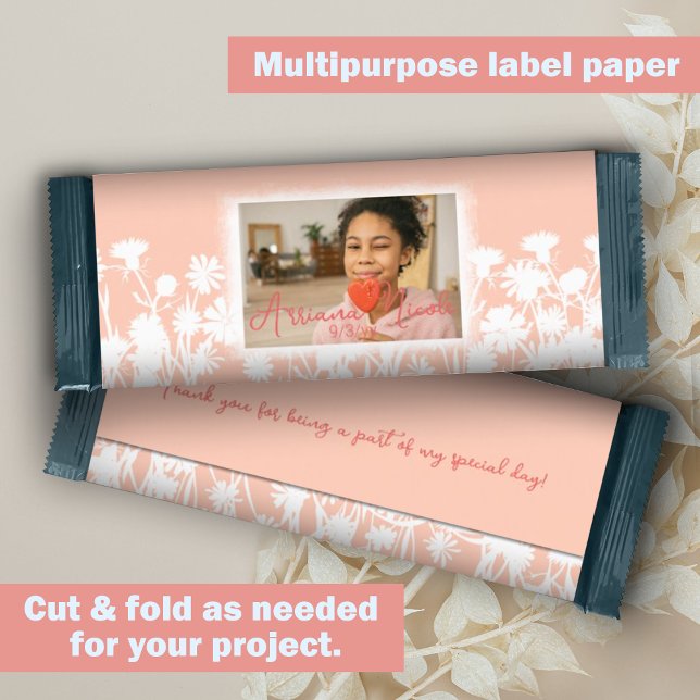Peach White Flowers Custom Candy Bar Wrapper (Peach, white botanical wild flowers bat mitzvah candy bar wrapper, diy budget low cost alternative)
