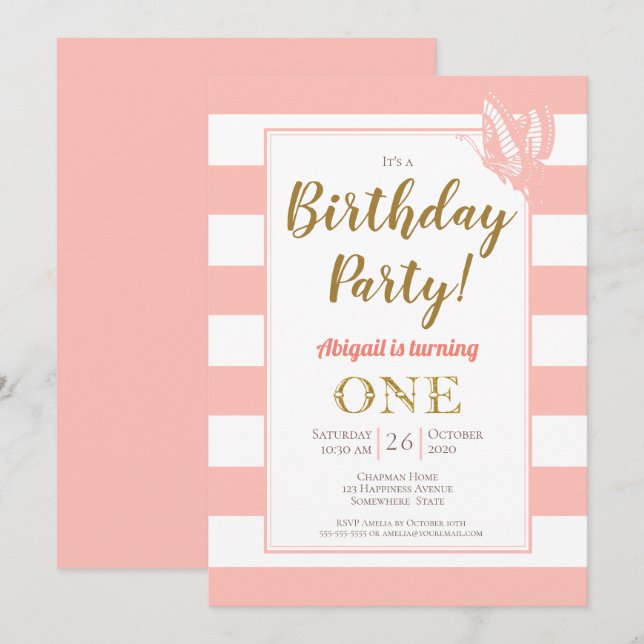 Peach White Gold Glitter 1st Birthday Party Invitation (Front/Back)