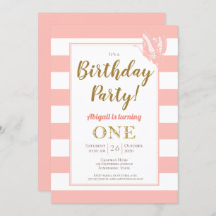 Peach White Gold Glitter 1st Birthday Party Invitation