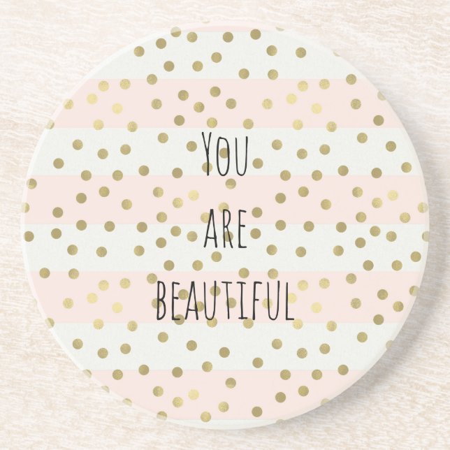 Peach White Gold Stripes Confetti Beautiful Drink Coaster (Front)