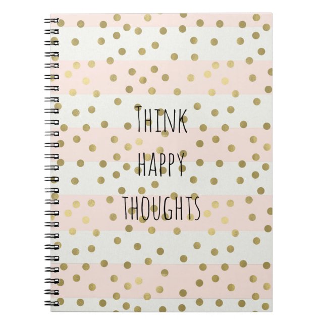 Peach White Gold Stripes Confetti Happy Thoughts Notebook (Front)