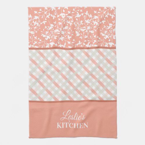 Peach White Gray Floral  Diagonal Plaid   Kitchen Towel