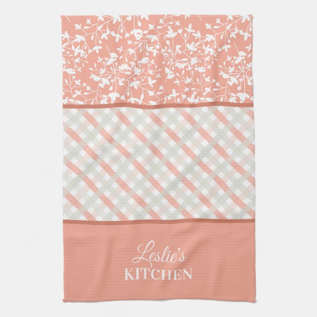Peach White Gray Floral & Diagonal Plaid   Kitchen Towel (Vertical)